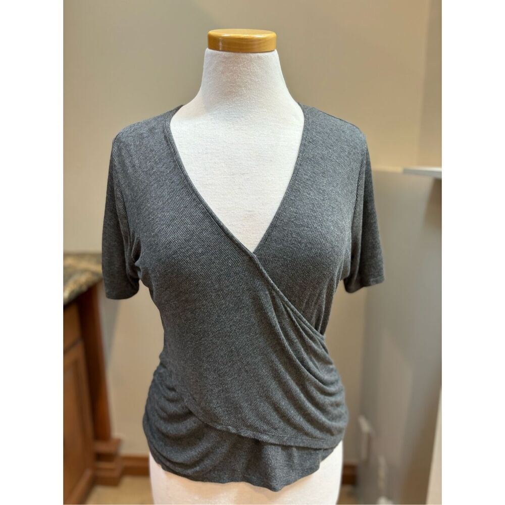 Michael Kors L charcoal ribbed faux wrap short sleeve tee